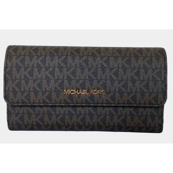New Michael Kors Jet Set Travel Large Trifold Wallet Signature Brown - Picture 1 of 4